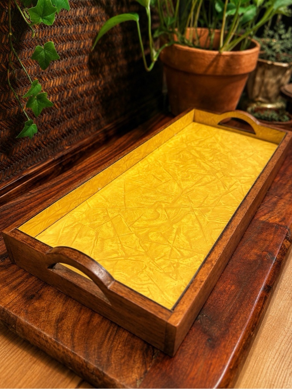 Vintage Wood Mustard Yellow Acrylic Serving Tray 16”